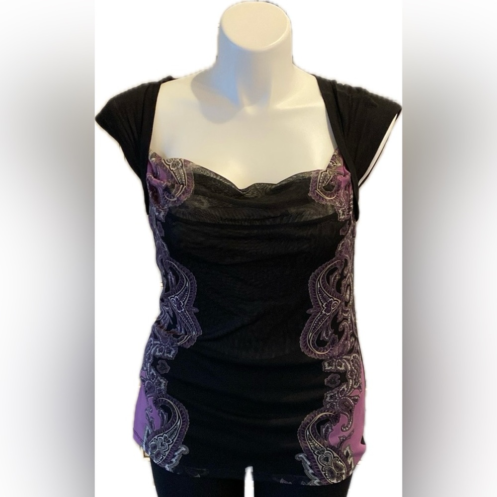 Short sleeve tee with sheer mesh front bodice